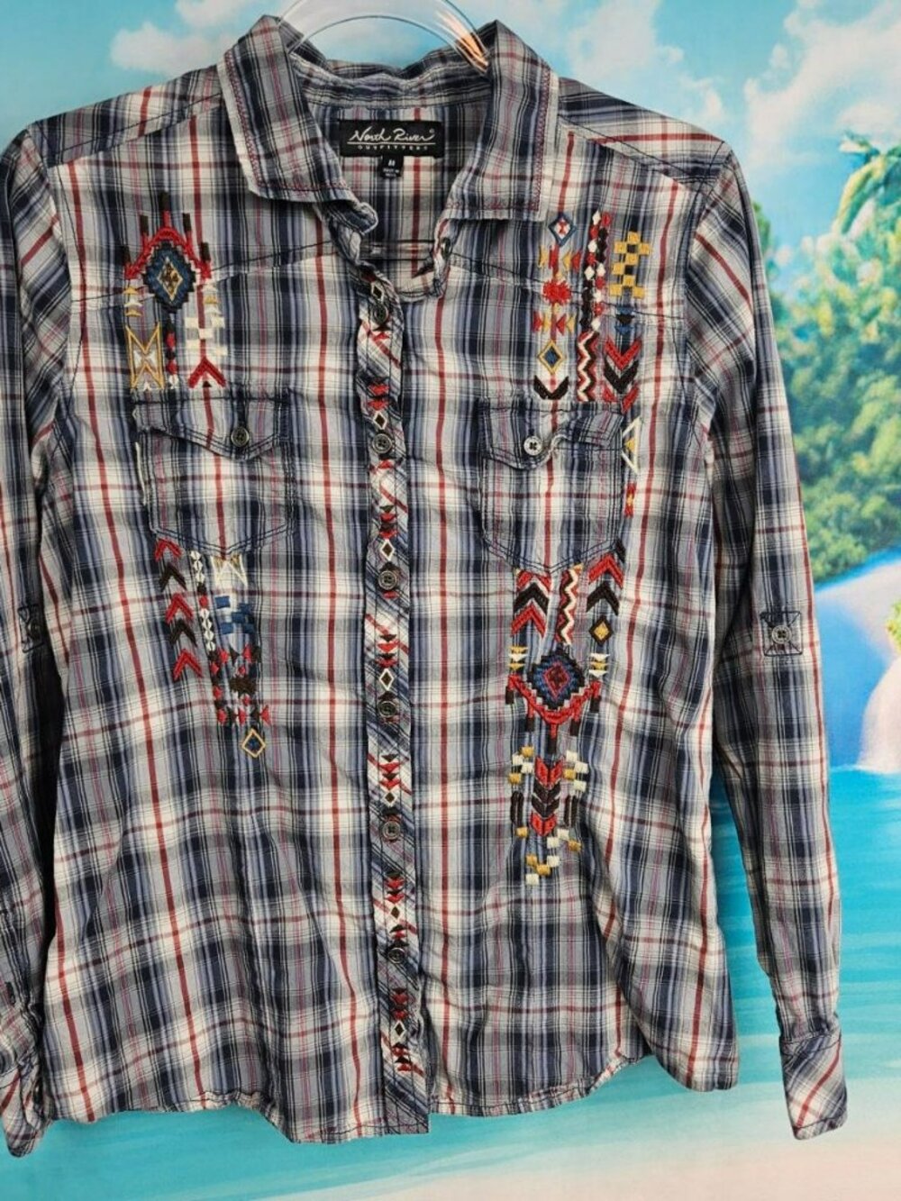 Plaid Embroidered Cotton Shirt Womens M Blue Red Geometric Western Rodeo Button